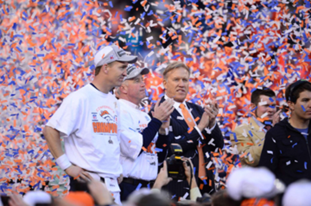 Manning, Fox and Elway after winning the AFC Championship Game last season. (John Biever/SI/The MMQB)