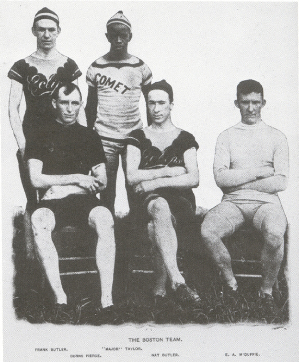 The integrated Boston pursuit team of 1897, left to right: Frank Butler, Burns Pierce, Major Taylor, Nat Butler, Eddie McDuffie. In Taylor's first season as a professional, he was on this team that raced against a team from Philadelphia in July 1897. This is possibly the earliest photo of an integrated American professional sports team. It appeared in Bearings, July 29, 1897, and is held in the Library of Congress.