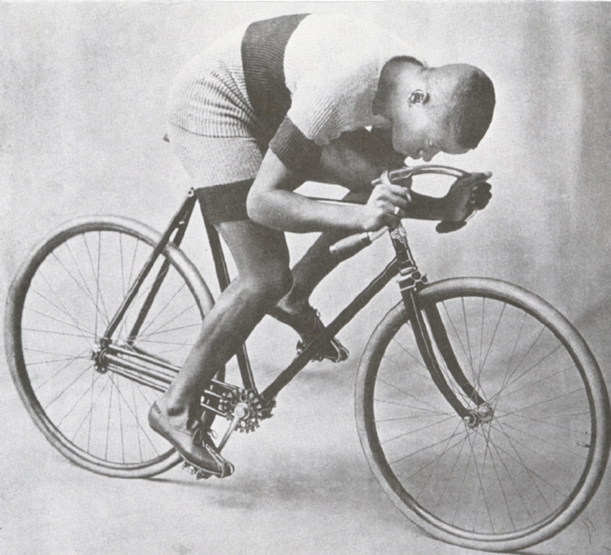 Taylor on the chainless bicycle on which he won the world championship and broke world records in
1899. Uncredited photo, Taylor scrapbook.