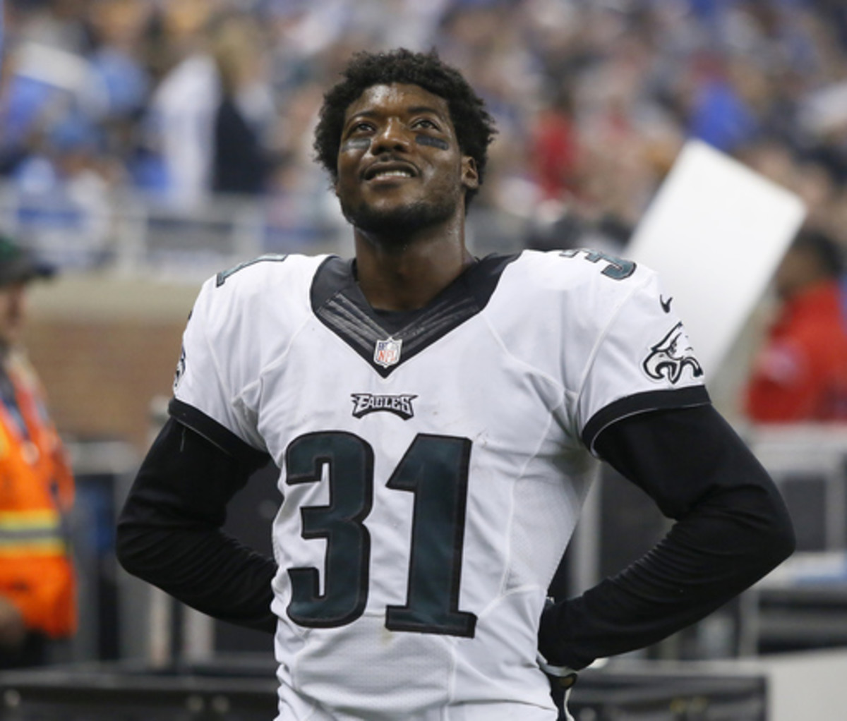 Philadelphia Eagles cornerback Byron Maxwell (31) watches a replay of Detroit Lions running back Joique Bell's touchdown during the second half of an NFL football game, Thursday, Nov. 26, 2015, in Detroit. The Lions defeated the Eagles 45-14. (AP Photo/Du