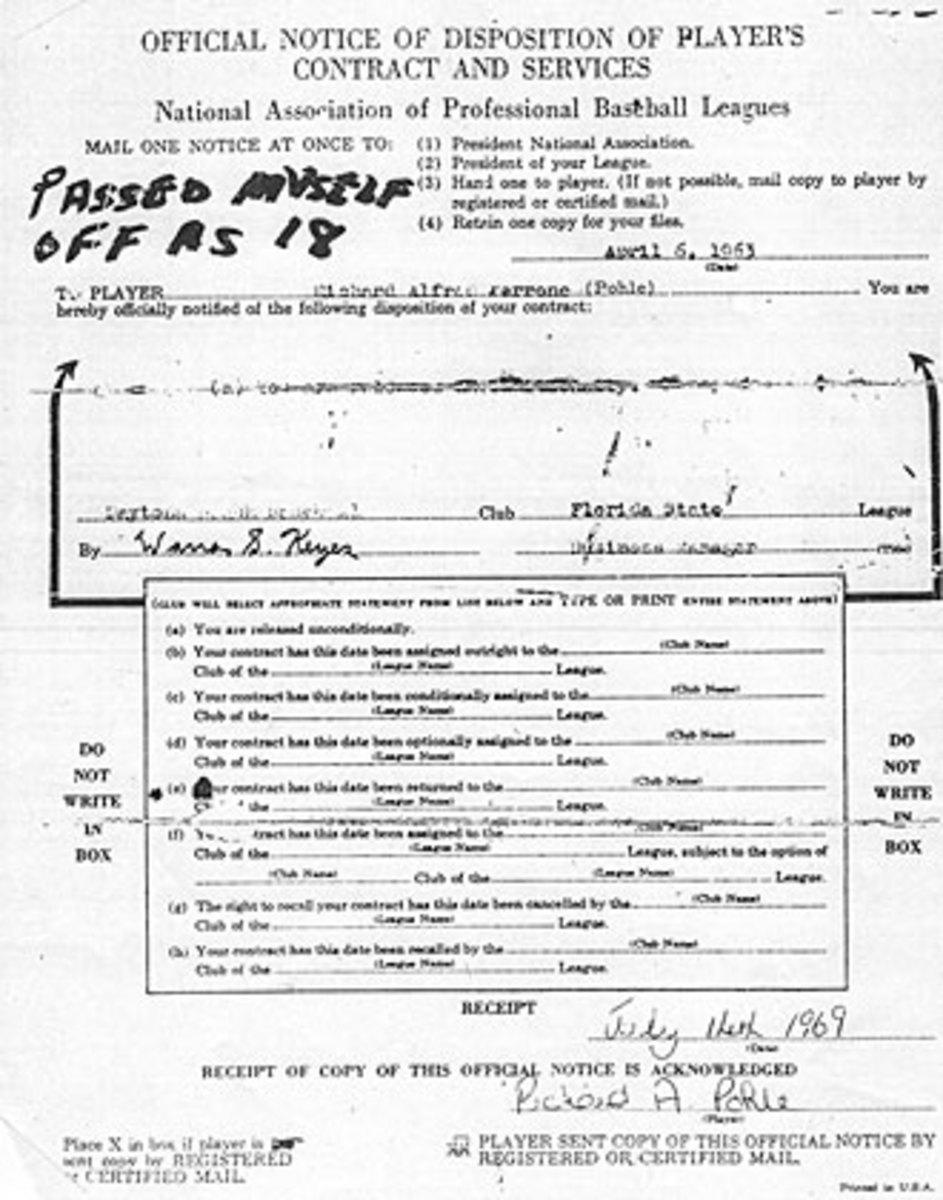 Pohle redacted part of the player's contract stating that he had been released in April of 1963.
