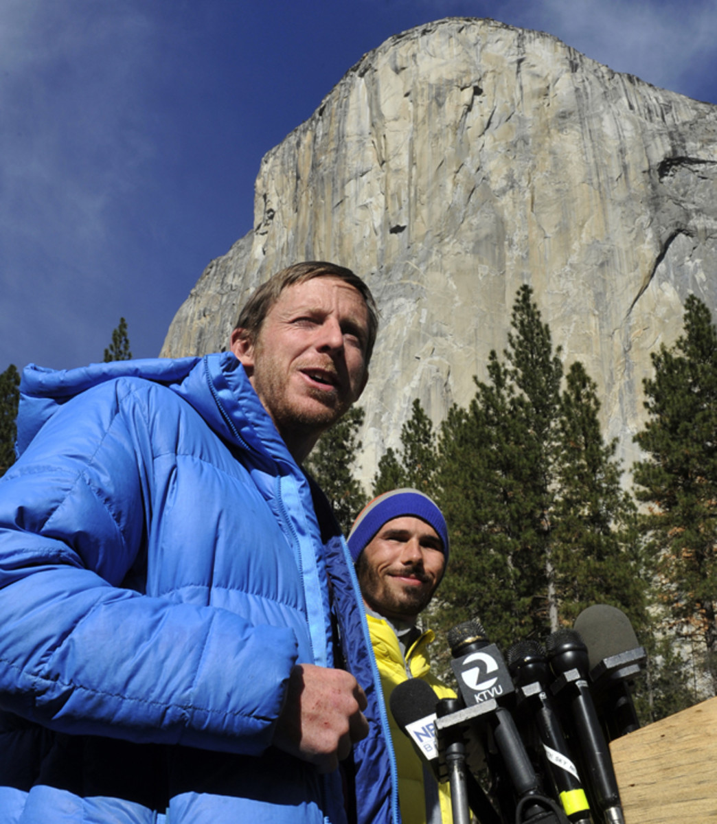 Caldwell and Jorgeson with El Capitan in the background after they completed 19 days of free-climbing. 