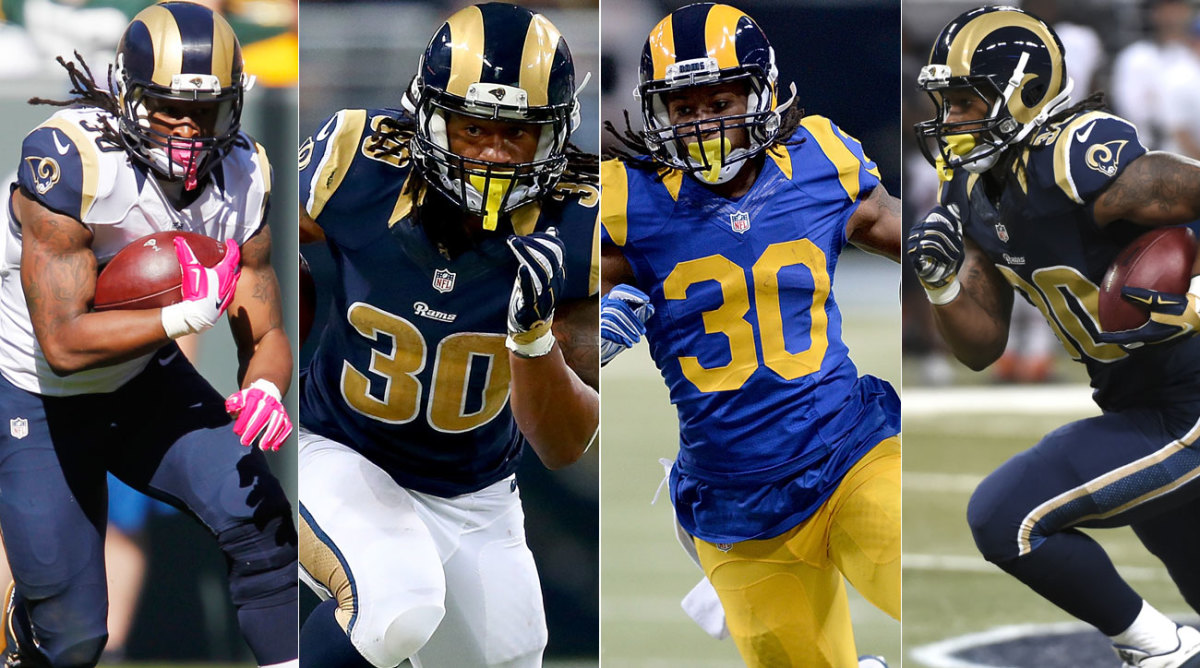 Just some of the many combinations of the Rams’ “uniforms” this season.