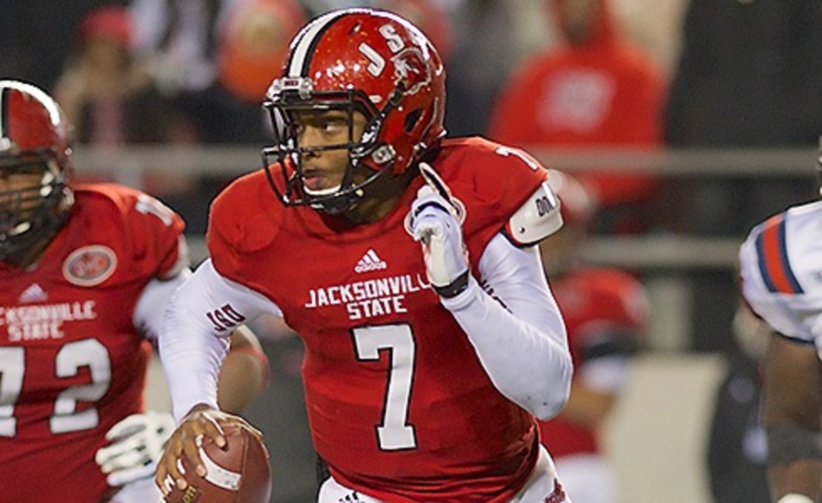 The 20th-ranked Gamecocks routed No. 18 Samford 55-14 in a first-round Football Championship Subdivision playoff game at Burgess-Snow Field...Jacksonville State Gamecocks quarterback Eli Jenkins (7).