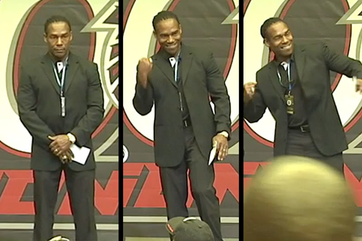 Jessie Tuggle, just before (left) and just after (right, middle) his son was announced as the Falcons’ pick.