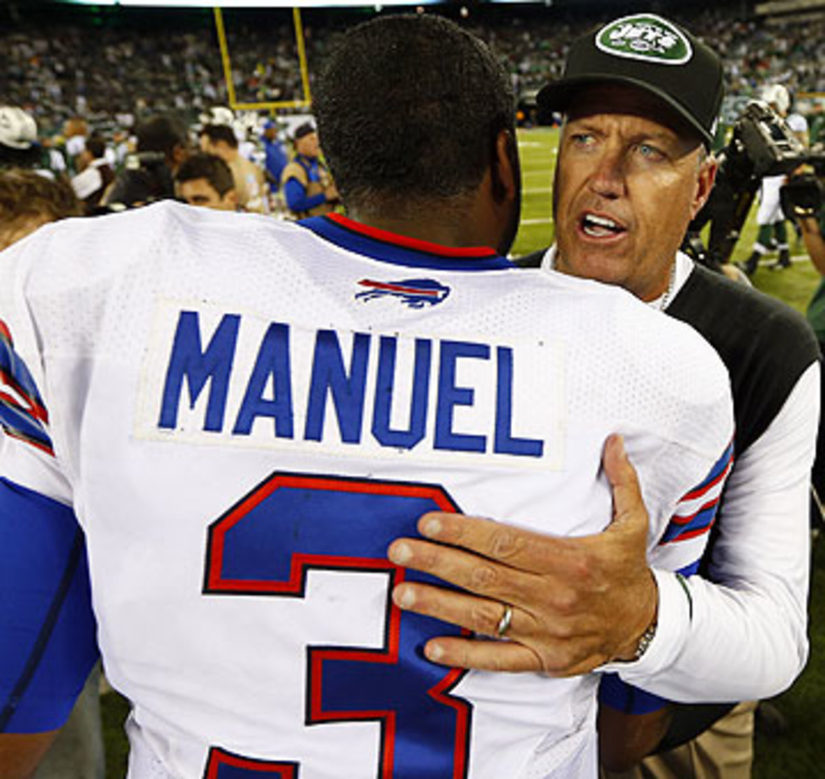 Job one for Rex Ryan as Bills head coach will be finding a starting quarterback for 2015. (Rich Schultz/Getty Images)