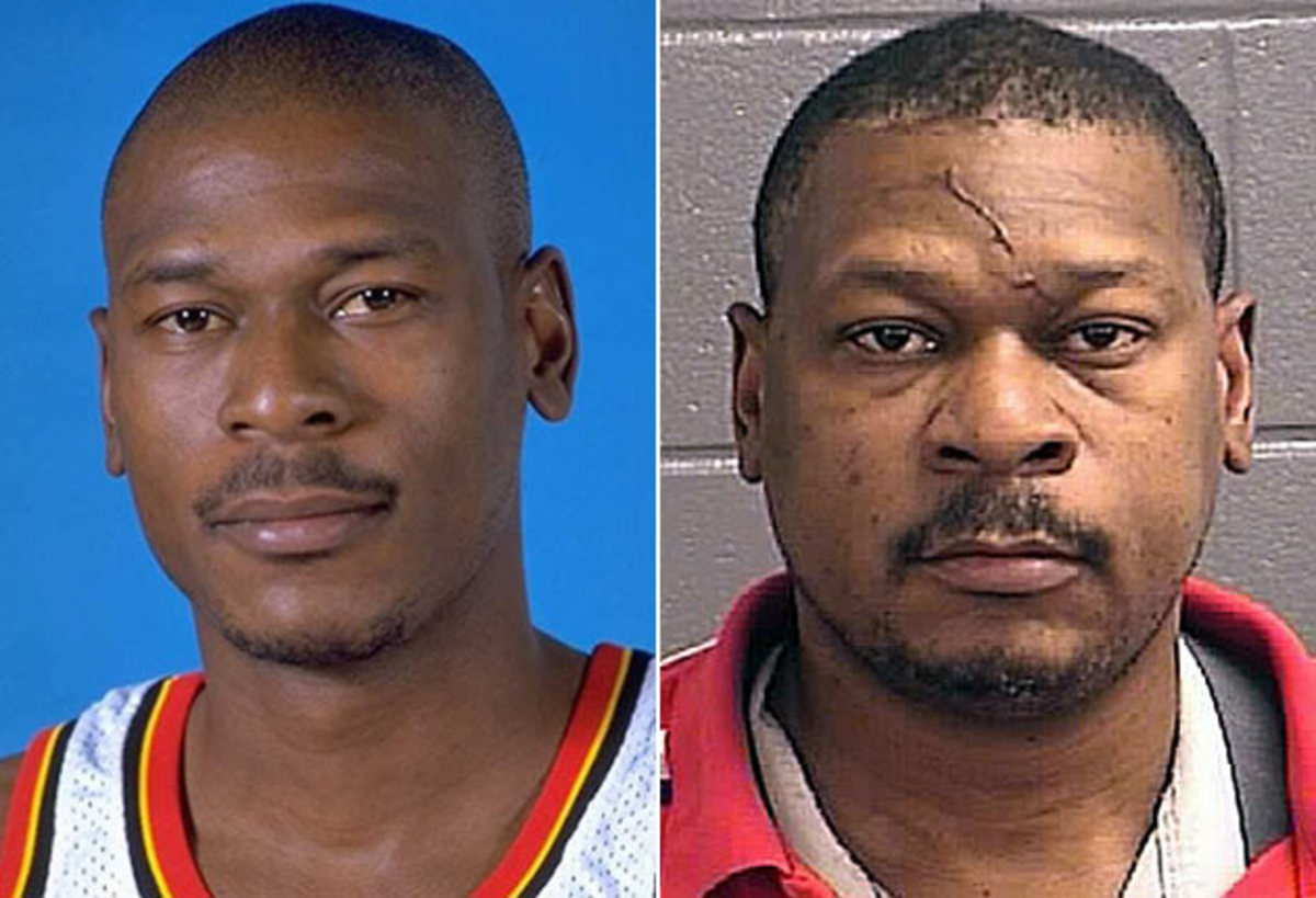 Mookie Blaylock's team photo with the Hawks and mugshot after the 2013 crash.