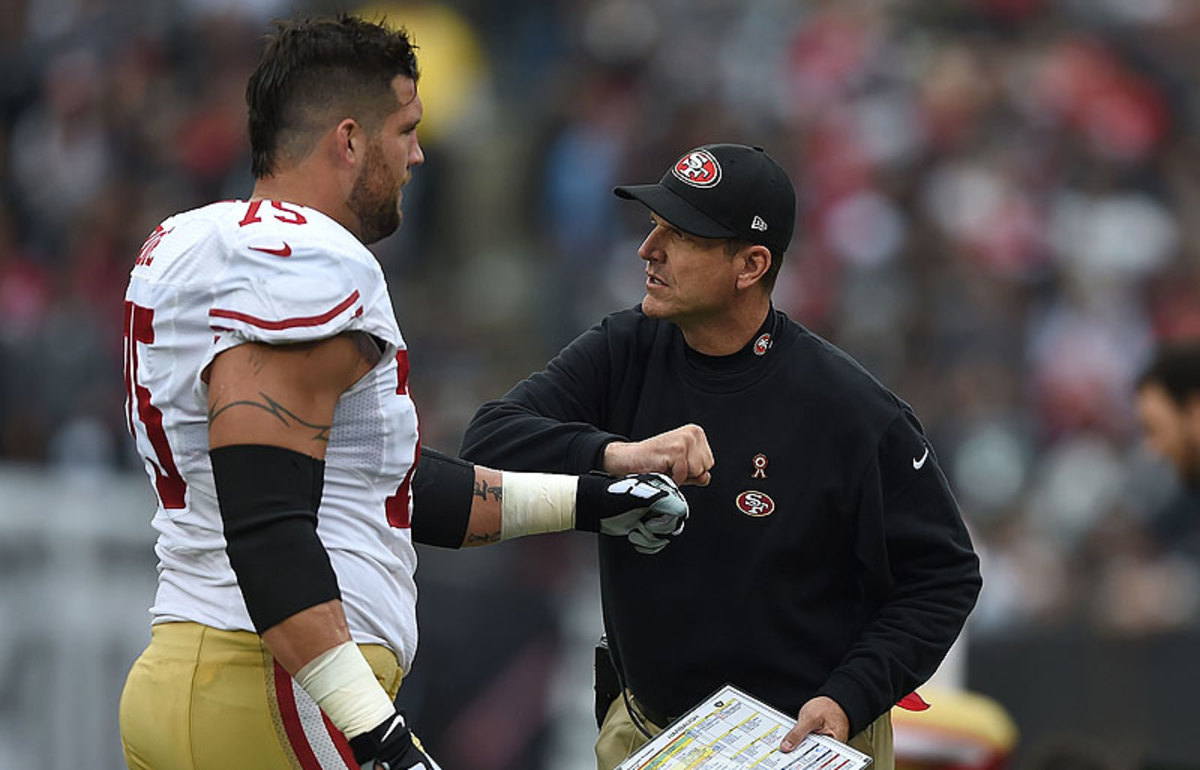 Alex Boone says he became weary of Jim Harbaugh's motivational methods in San Francisco. (Thearon W. Henderson/Getty Images)
