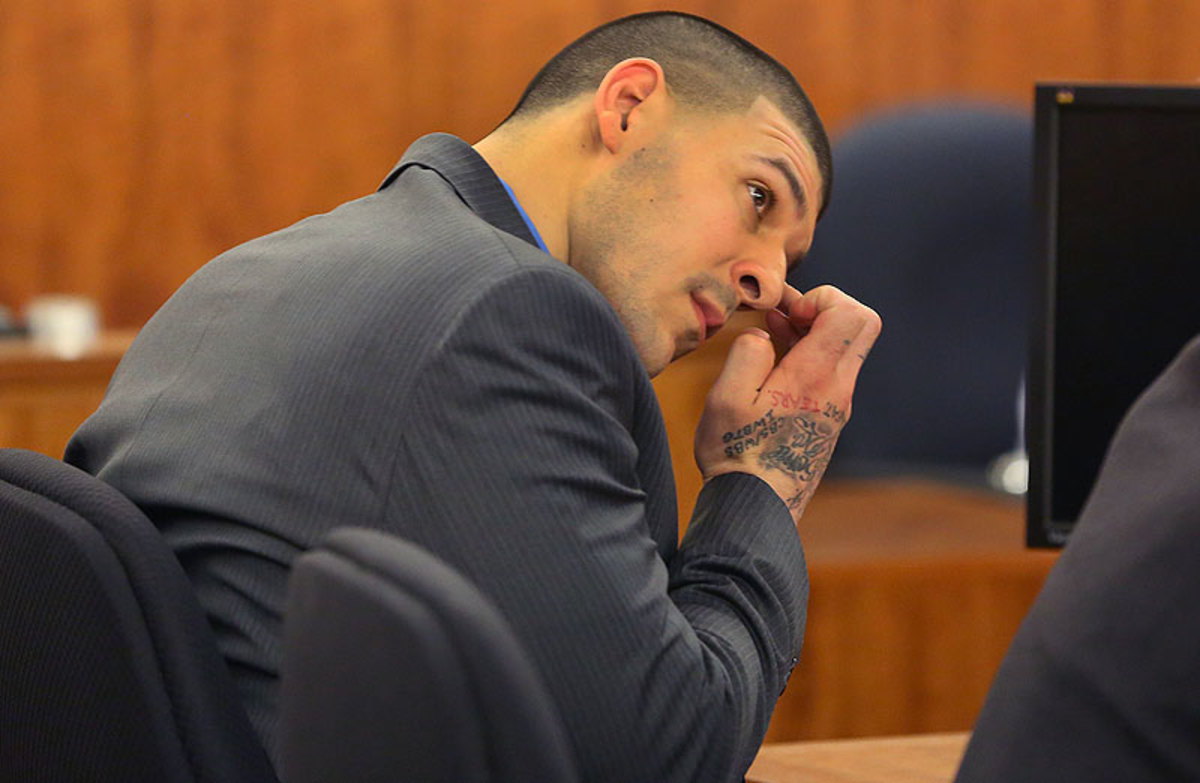 Aaron Hernandez was found guilty of murder and will serve a life sentence without the possibility of parole. (Boston Globe/Getty Images)