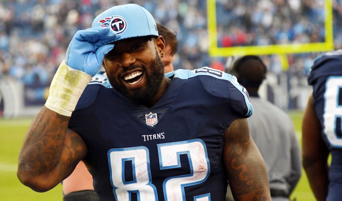 Tennessee Titans tight end Delanie Walker (82) on the sidelines late in the fourth quarter of the Titans win over the Houston Texans at Nissan Stadium.