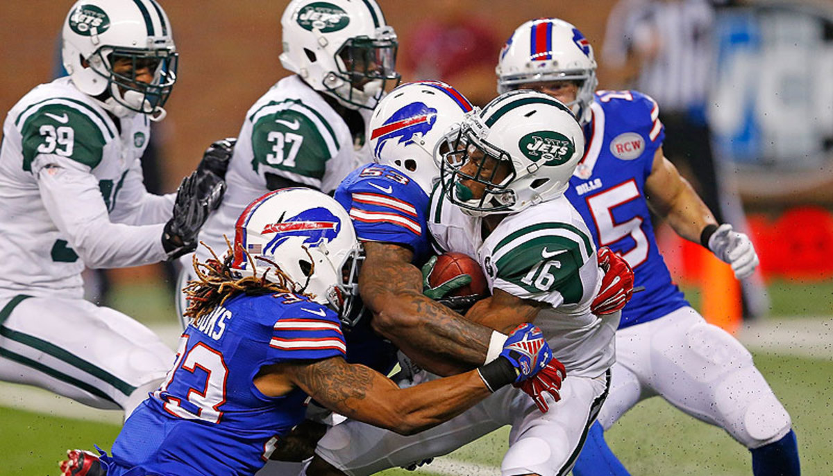 Percy Harvin (16) will be free to sign with any team after the Jets release him this week. (Leon Halip/Getty Images)