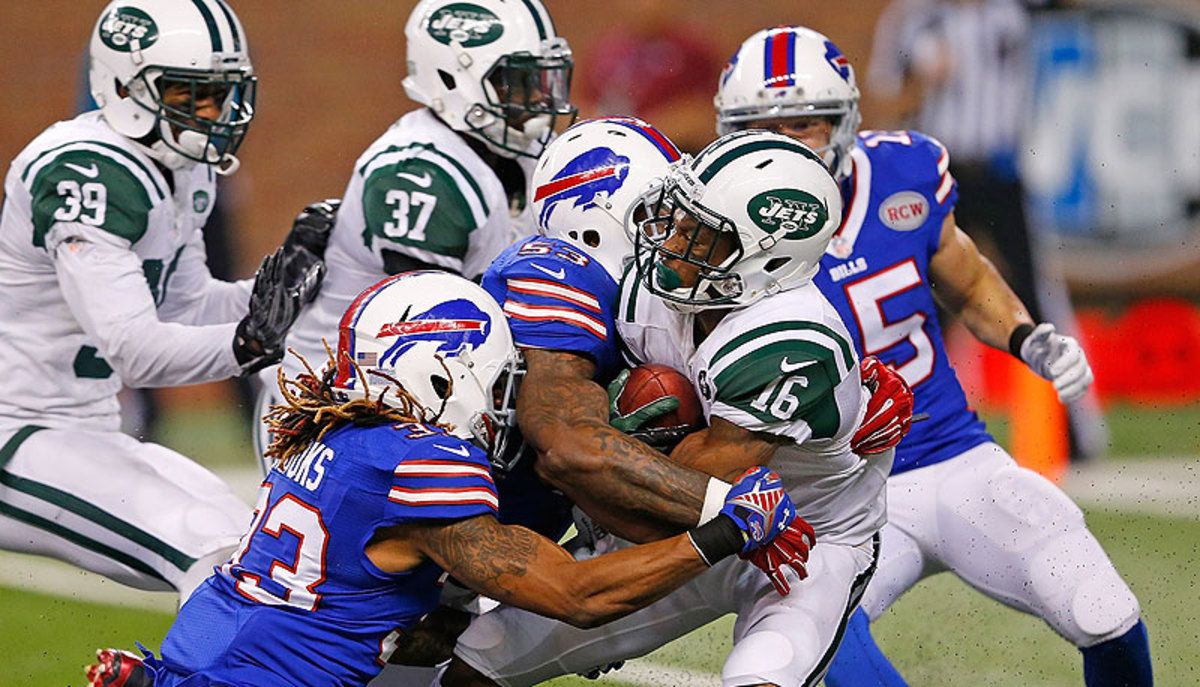 Percy Harvin (16) will be free to sign with any team after the Jets release him this week. (Leon Halip/Getty Images)