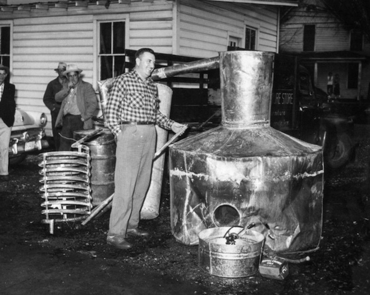 A moonshine still, shot in black and white to make it look old time-y.
