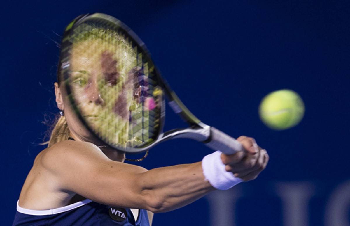Magdalena Rybarikova returns the ball to Sharapova during the Mexican Open.
