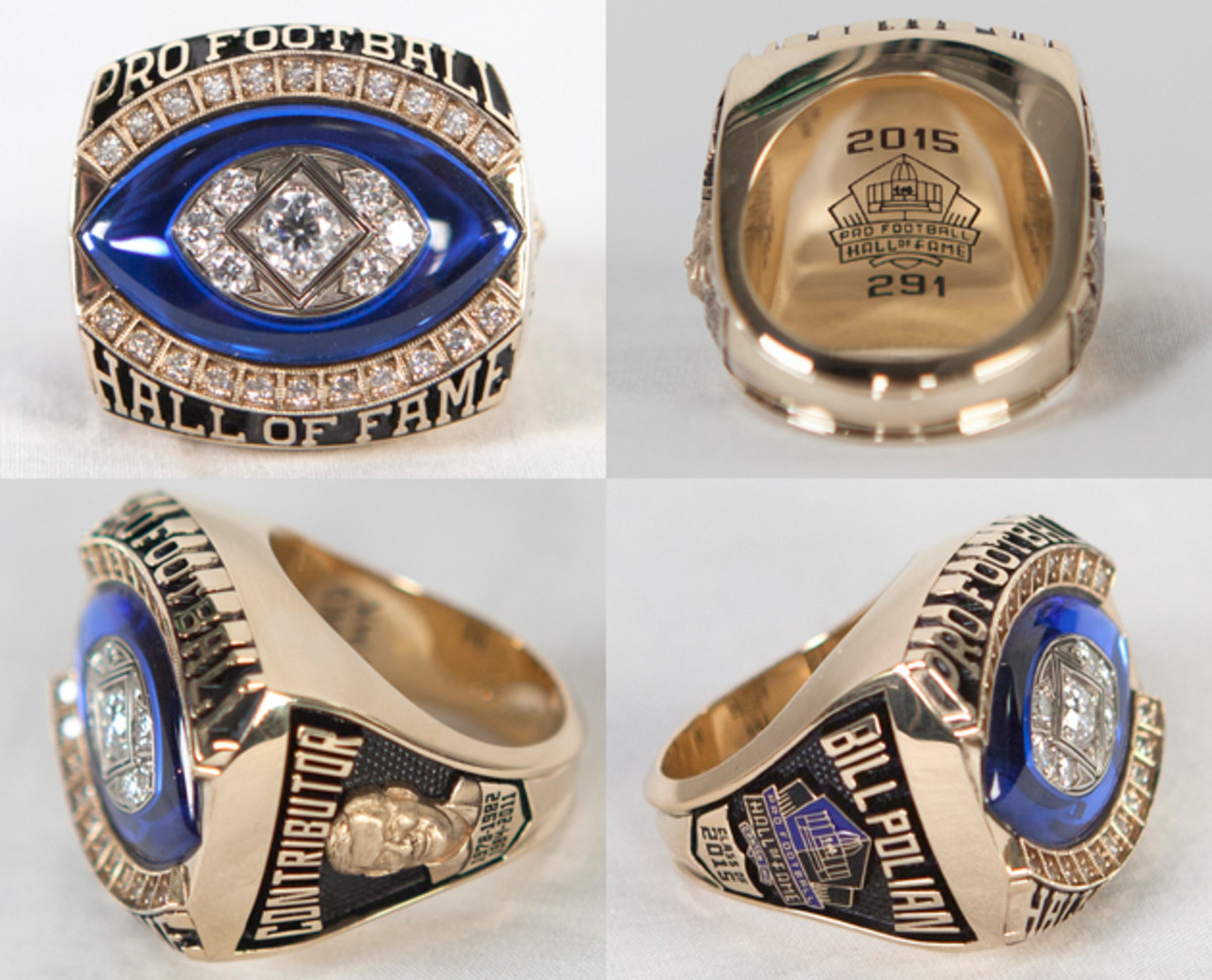 Polian's Hall of Fame ring, designed by KAY Jewelers, includes a likeness of his HOF bust, mentions his 2015 class, and has the number 291 -- a special arbormark that aligns with his status as the 291st member of the HOF.