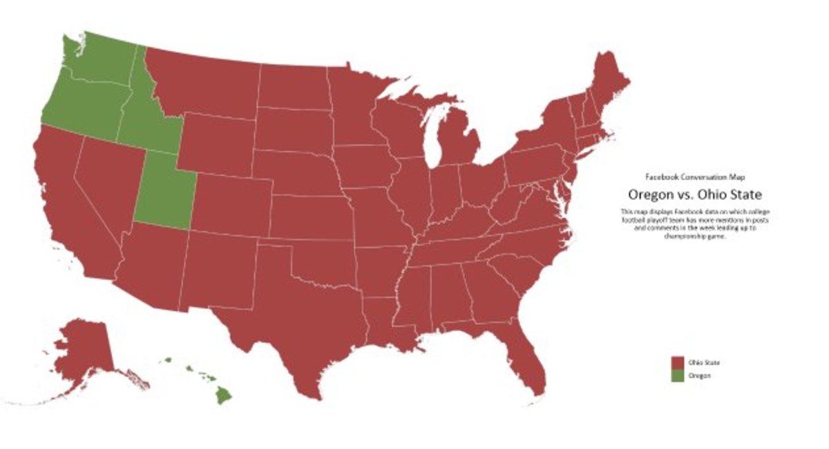 Map shows Ohio State is dominating Oregon in Facebook chatter.