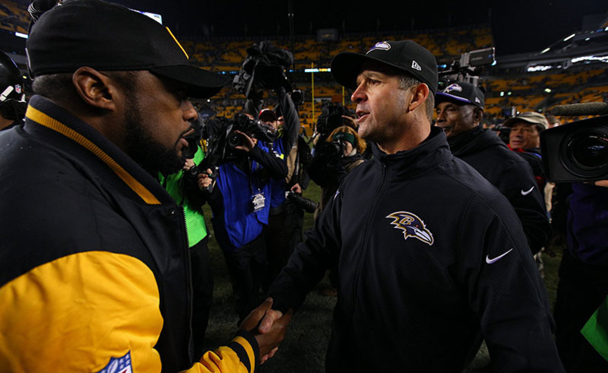 John Harbaugh has been with the Ravens one less season—and has one less Super Bowl win—than Mike Tomlin's been in Pittsburgh. (Al Tielemans/Sports Illustrated/The MMQB)