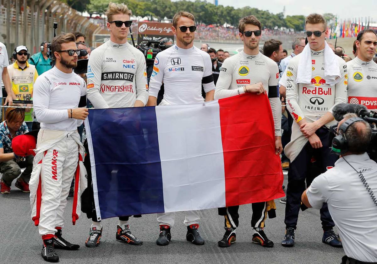 Formula-One-drivers-Will-Stevens-Nico-Hulkenberg-Jenson-Button-Romain-Grosjean-Daniil-Kvyatt-Pastor-Maldonado-French-flag.jpg