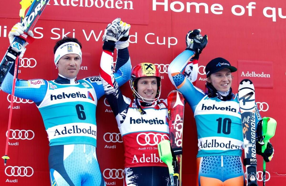 Henrik Kristoffersen (right), with Austria's Marcel Hirscher (middle) and Sweden’s Andre Myhrer.