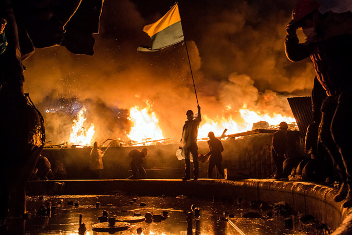 Anti-government protesters guard the perimeter of Independence Square last month in Kiev, Ukraine.