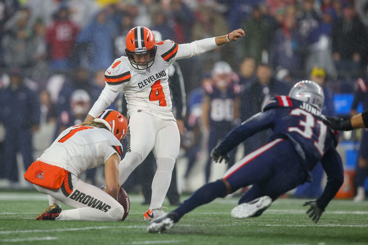 Oct 27, 2019; Foxborough, MA, USA; Cleveland Browns punter Jamie Gillan (7) holds for kicker Austin Seibert (4) during the fourth quarter against the New England Patriots at Gillette Stadium. Mandatory Credit: Stew Milne-USA TODAY Sports