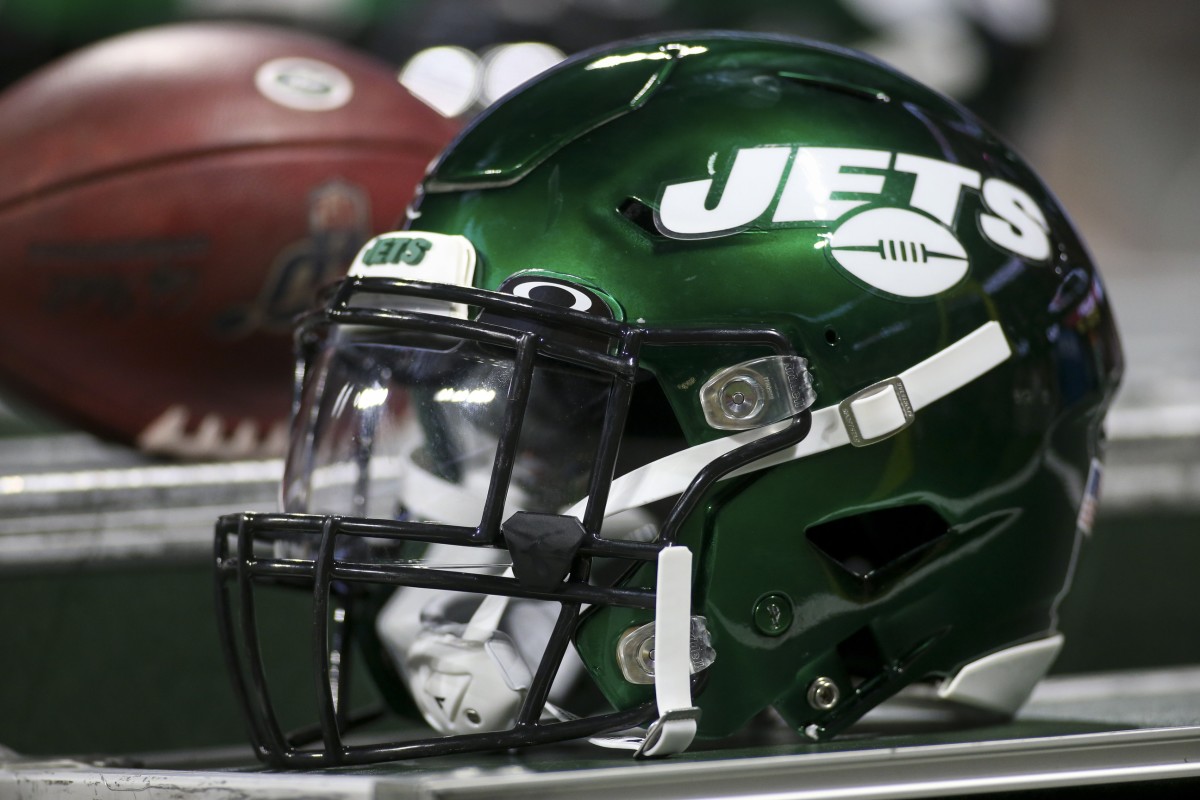 Aug 15, 2019; Atlanta, GA, USA; New York Jets helmet on the sideline against the Atlanta Falcons in the second half at Mercedes-Benz Stadium.