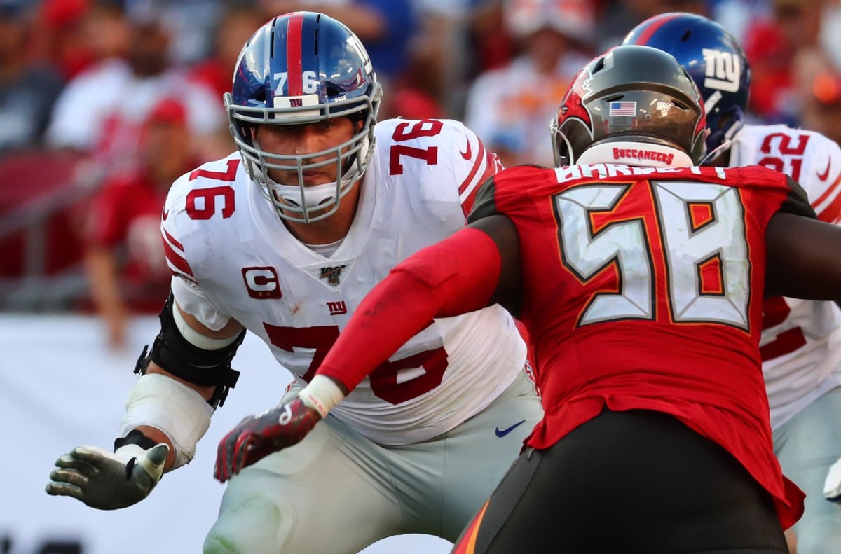 Sep 22, 2019; Tampa, FL, USA;New York Giants offensive tackle Nate Solder (76) blocks during the second half at Raymond James Stadium.