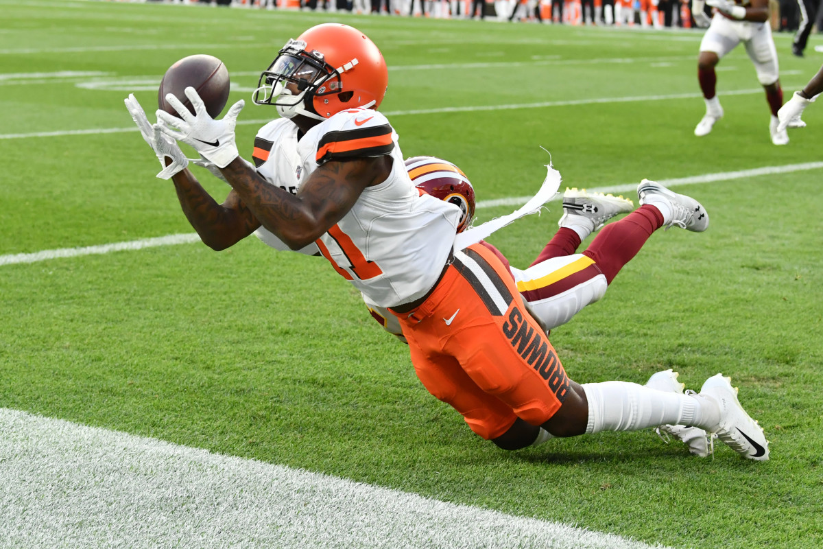 Aug 8, 2019; Cleveland, OH, USA; Cleveland Browns wide receiver Antonio Callaway (11) dives for a catch but is ruled out of bounds in the end zone during the first half against the Washington Redskins at FirstEnergy Stadium. Mandatory Credit: Ken Blaze-USA TODAY Sports