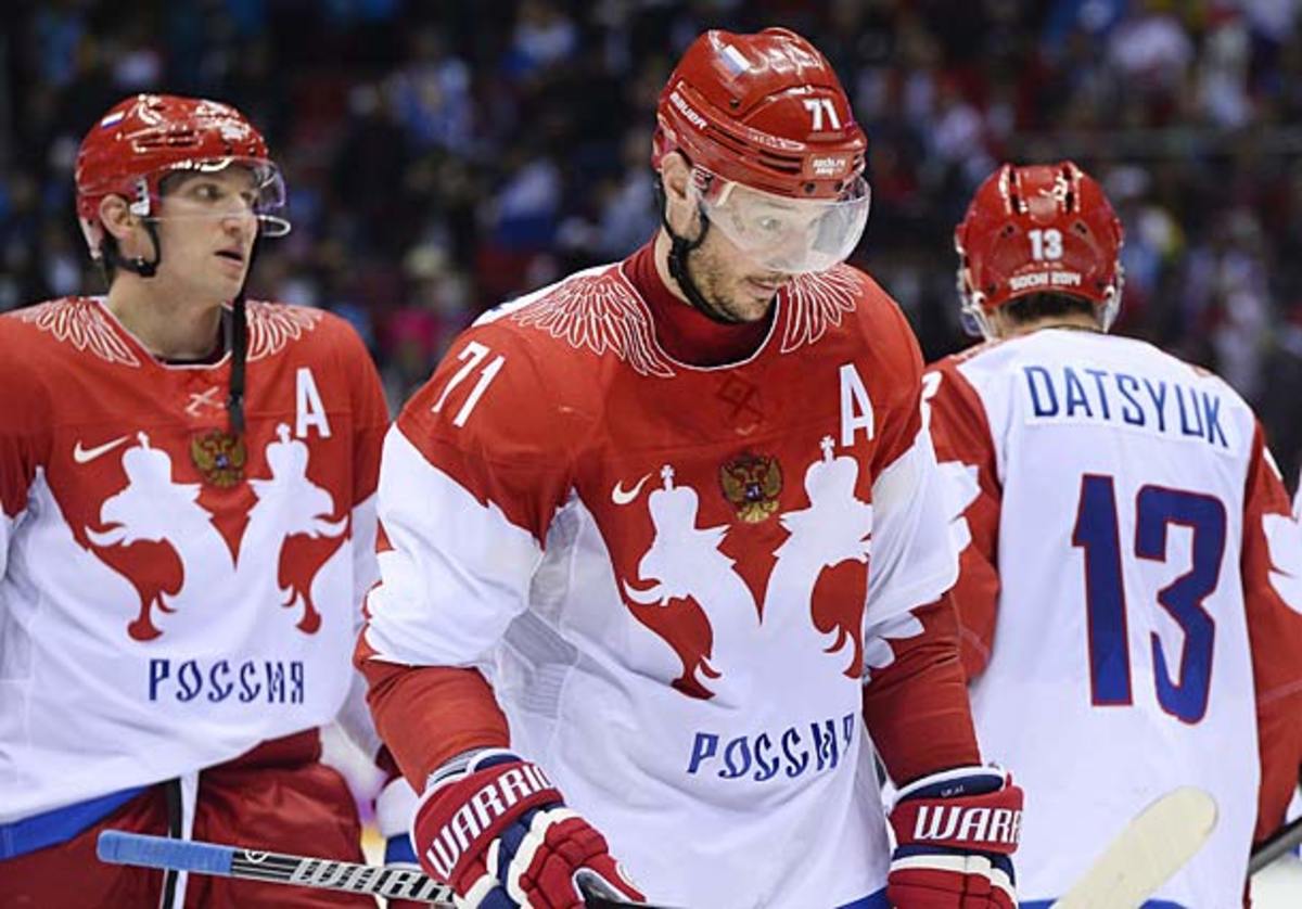Alex Ovechkin and Pavel Datsyuk after Team Russia's Olympic quarterfinal loss in Sochi.