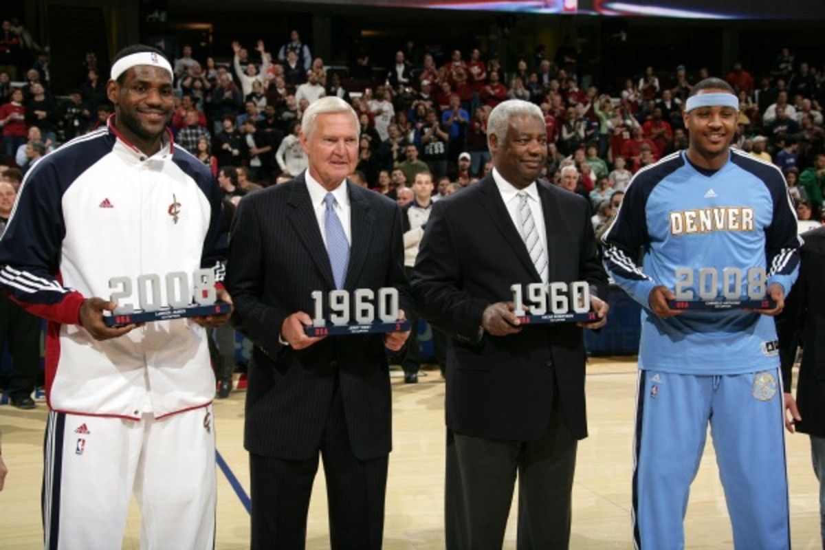 Carmelo Anthony (far right) and Oscar Robertson (middle, right) pictured pictured before a game in Cleveland in 2010. (David Liam Kyle/Getty Images)