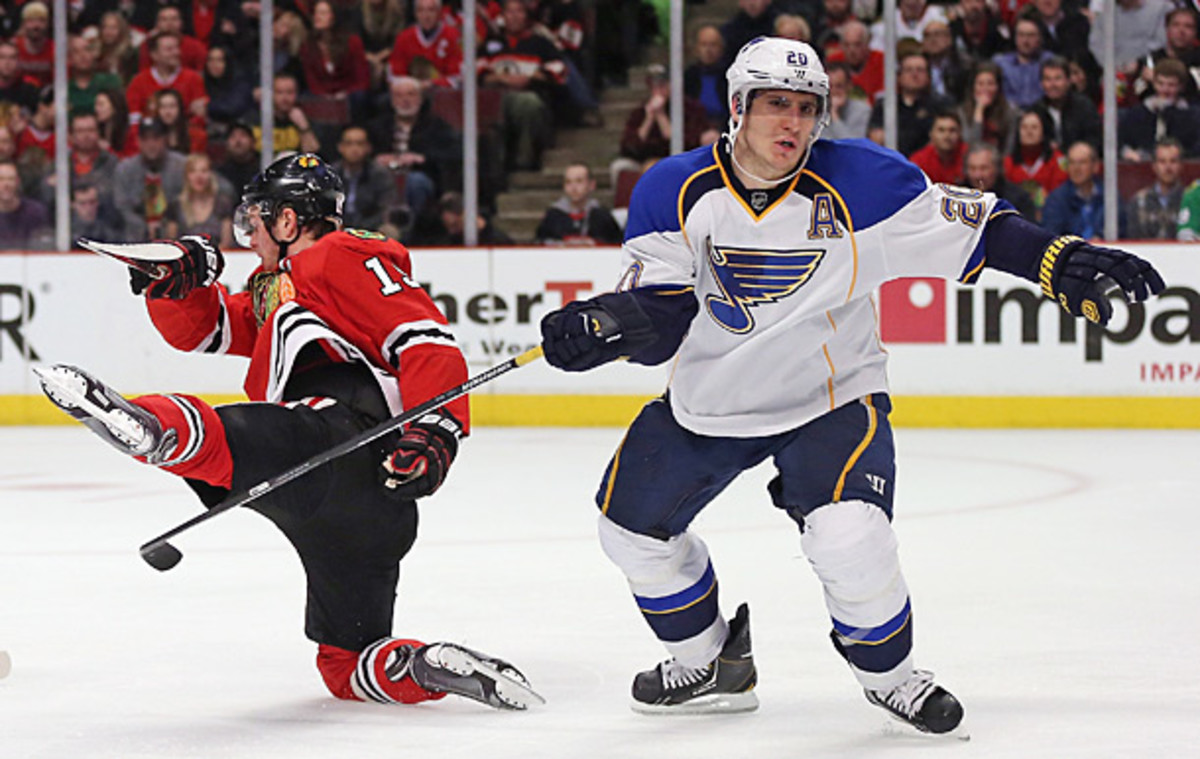 Jonathan Toews of the Chicago Blackhawks and Alexander Steen of the St. Louis Blues