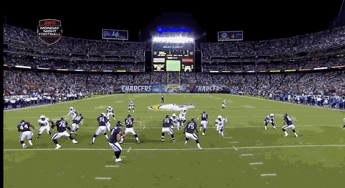 Freeney gets to Schaub, but a fraction too late. (NFL Rewind)