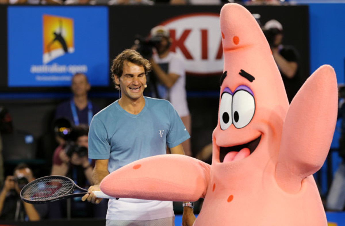 Roger Federer shakes hands with Patrick Starfish from TV's 'Spongebob Squarepants.