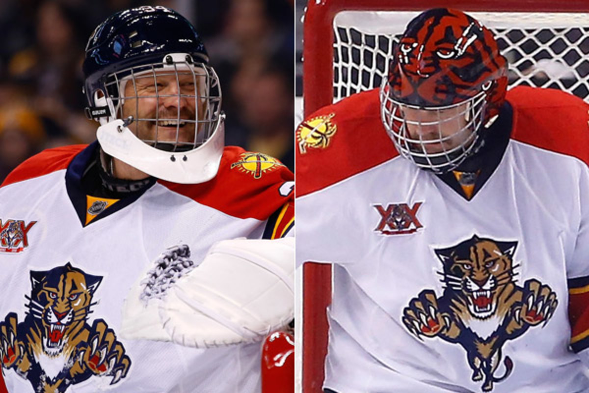 When his first mask (right) broke, Tim Thomas swapped to his second mask, though it wasn't much of a style upgrade. (Jared Wickerham/Getty Images)