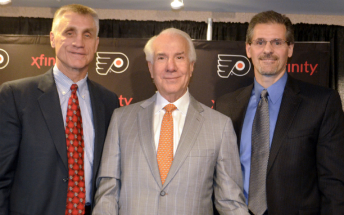 Ed Snider with Paul Holmgren, left, and Ron Hextall. (NHL Images via Getty Images)
