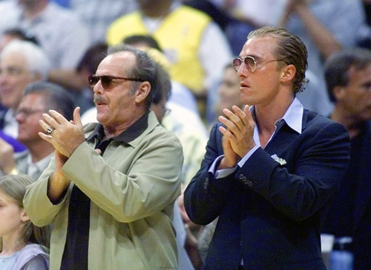 Jack Nicholson and Matthew McConaughey watch and cheer the Los Angeles Lakers as they play the Indiana Pacers in Game 2 of the 2000 NBA Finals.