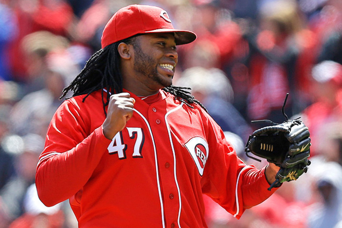 Johnny Cueto celebrates after throwing a complete game shutout against the Pirates on April 16.