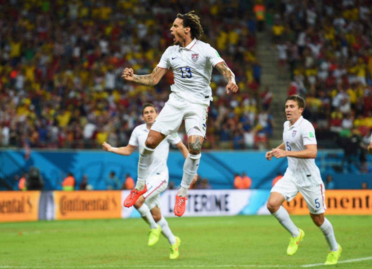 Jermaine Jones celebrates his incredible strike that brought the USA level with Portugal in their second Group G game.