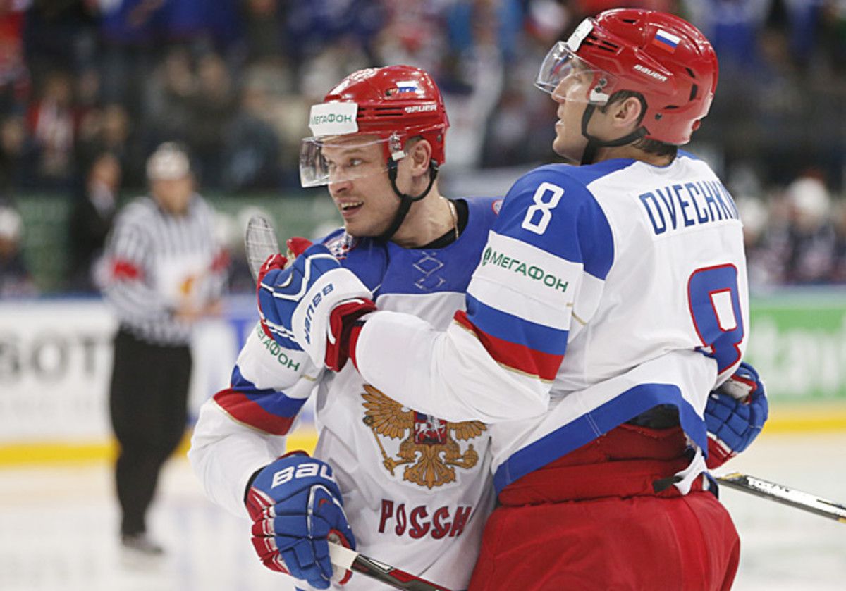 Alex Ovechkin (right) returned from a leg injury with a brace for Russia's win over France.