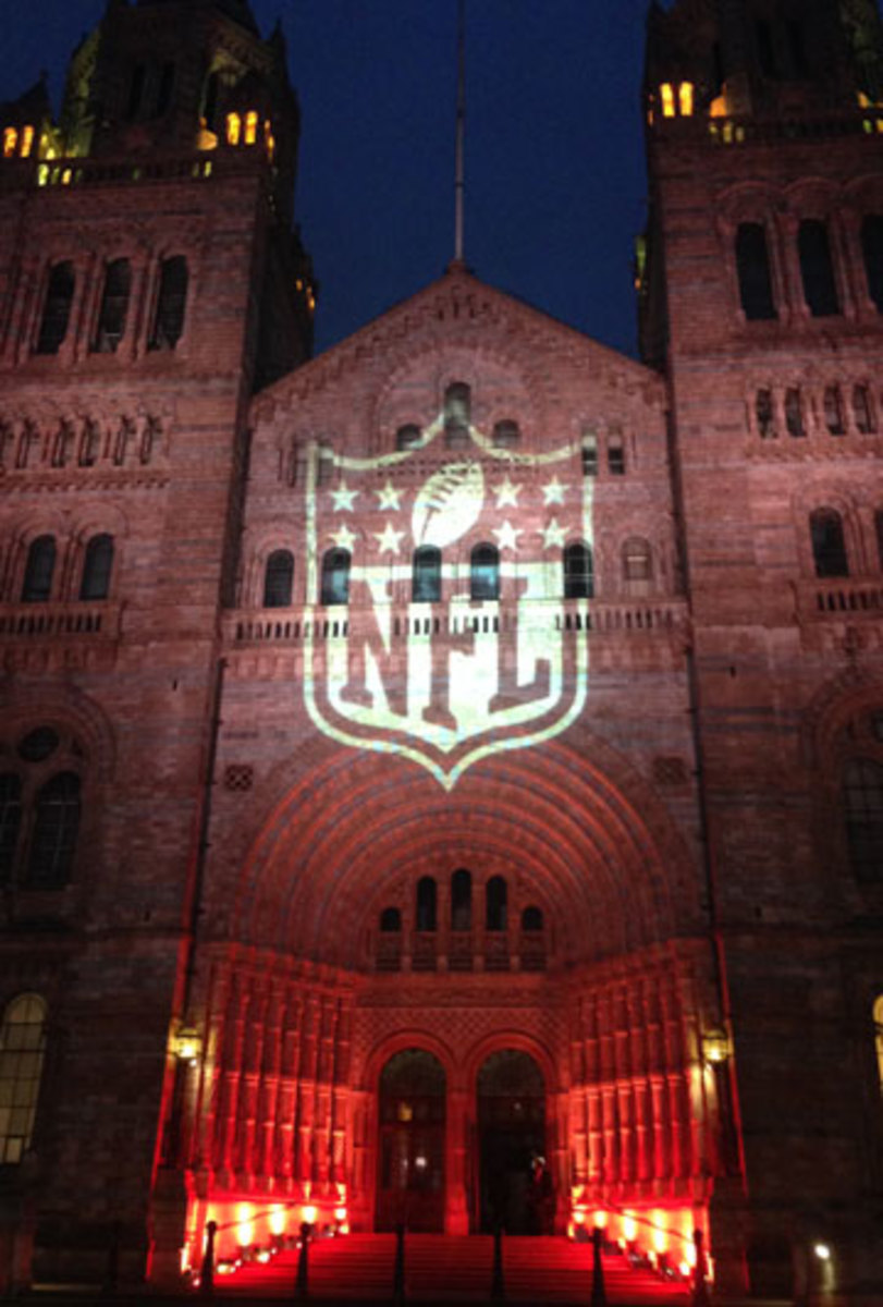 NFL branding, like this logo displayed on the Natural History Museum, was ubiquitous in London last week. (Jenny Vrentas/The MMQB)