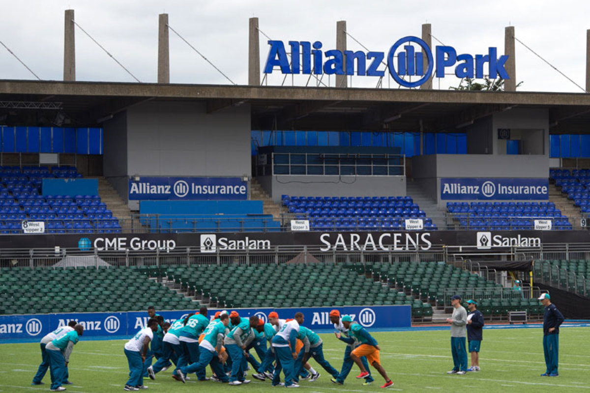 The Dolphins’ Friday walkthrough at the home of rugby club Saracens. (Tim Ireland/AP)