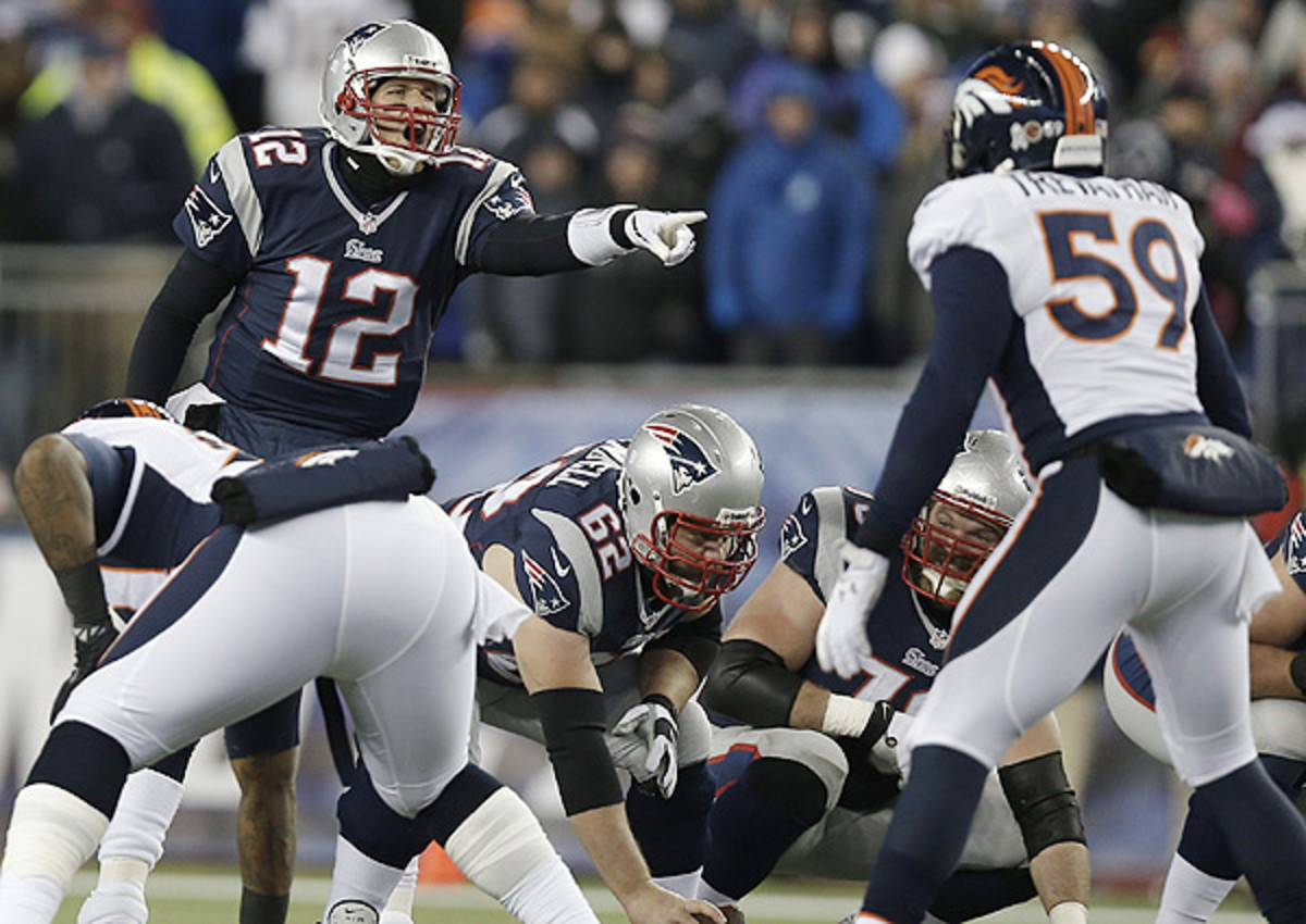 Tom Brady (top) is 10-4 lifetime against Peyton Manning, but has yet to face Manning in Denver.