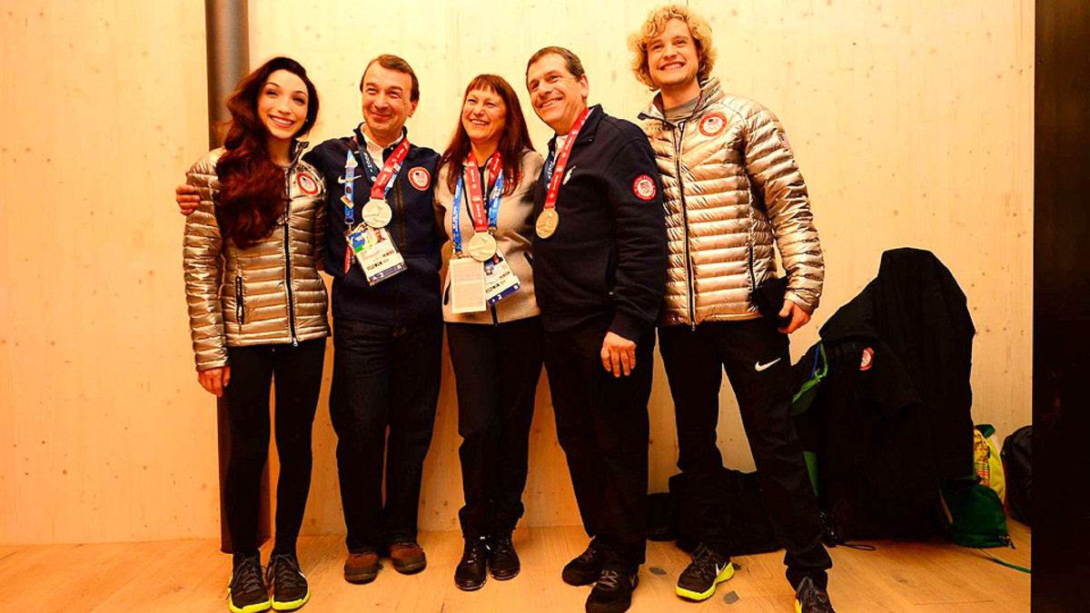 Meryl Davis (left) and Charlie White (right) pose with their coaches Oleg Epstein, Marina Zoueva and Johnny Johns.