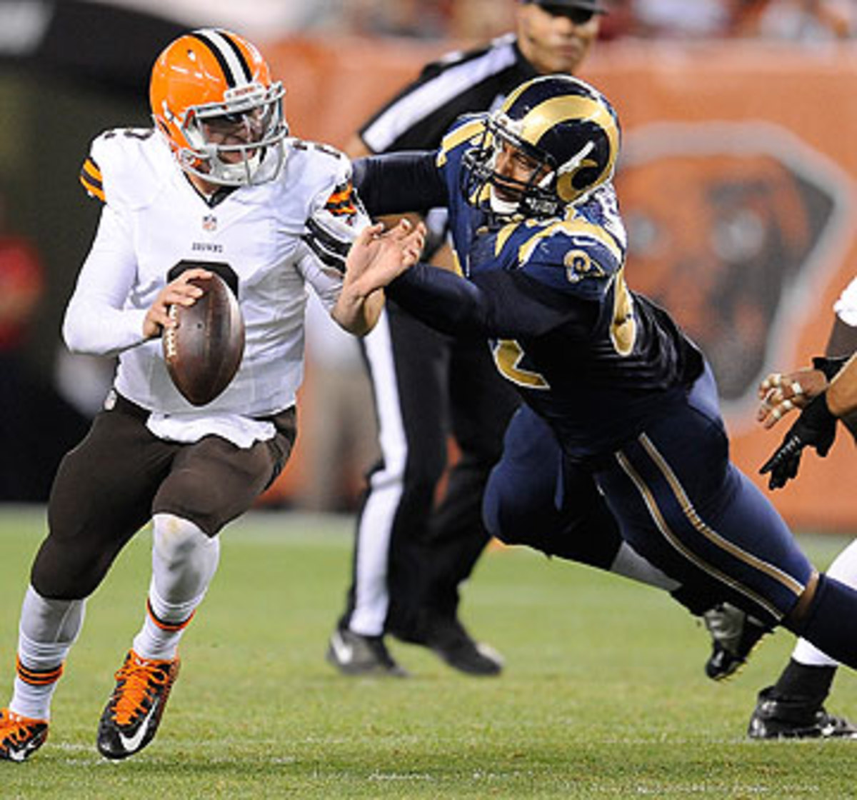 Rams defensive end Ethan Westbrooks has been tenacious in his pursuit of quarterbacks this preseason. (Joe Sargent/Getty Images)