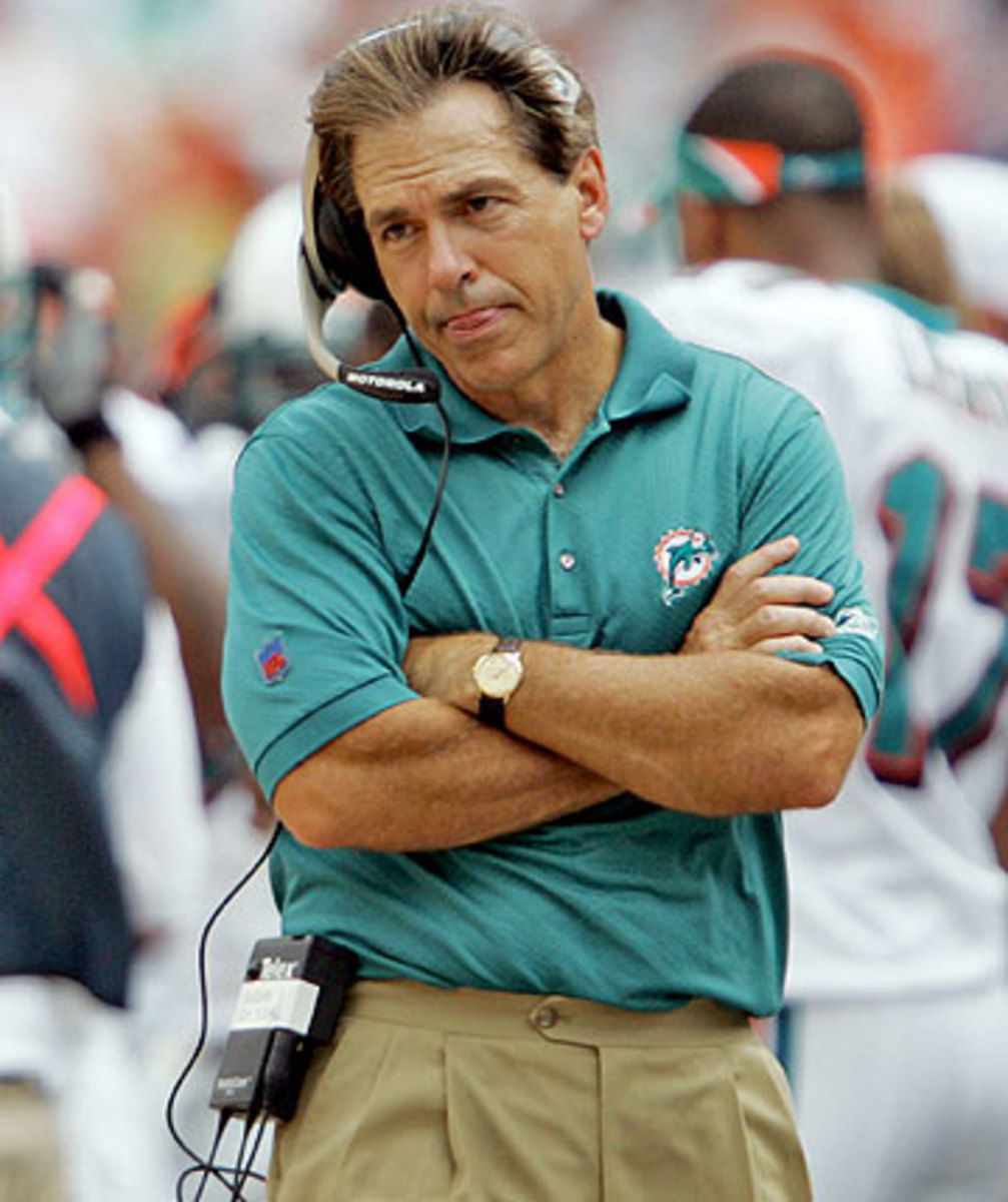 Nick Saban went 15-17 in two seasons as the Dolphins head coach. He bolted Miami for Alabama after the 2006 season. (Al Messerschmidt/Getty Images)