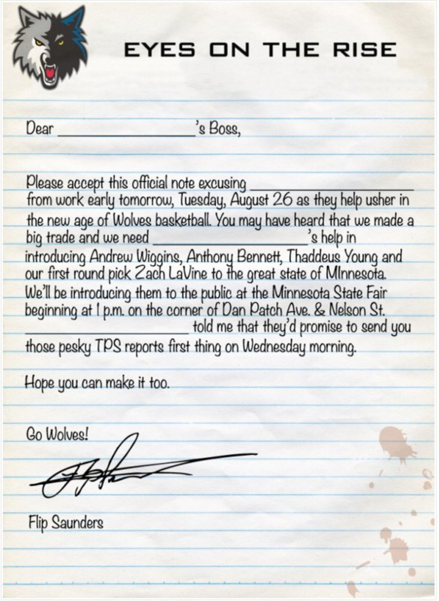 Flip Saunders sends all Timberwolves fans a note to get out of work early