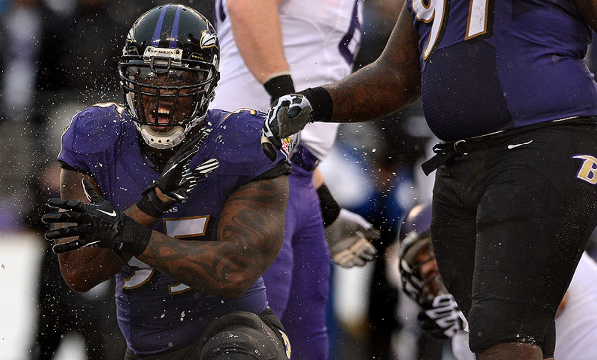 With his recent contract extension, Terrell Suggs benefitted financially not necessarily because of on-field performance but due in part to the Ravens' need for 2014 cap relief. (Patrick Smith/Getty Images)