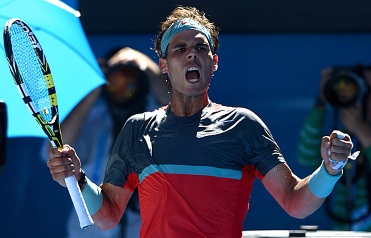Rafael Nadal celebrates during his quarterfinal match against Grigor Dimitrov. (GREG WOOD/AFP/Getty Images)