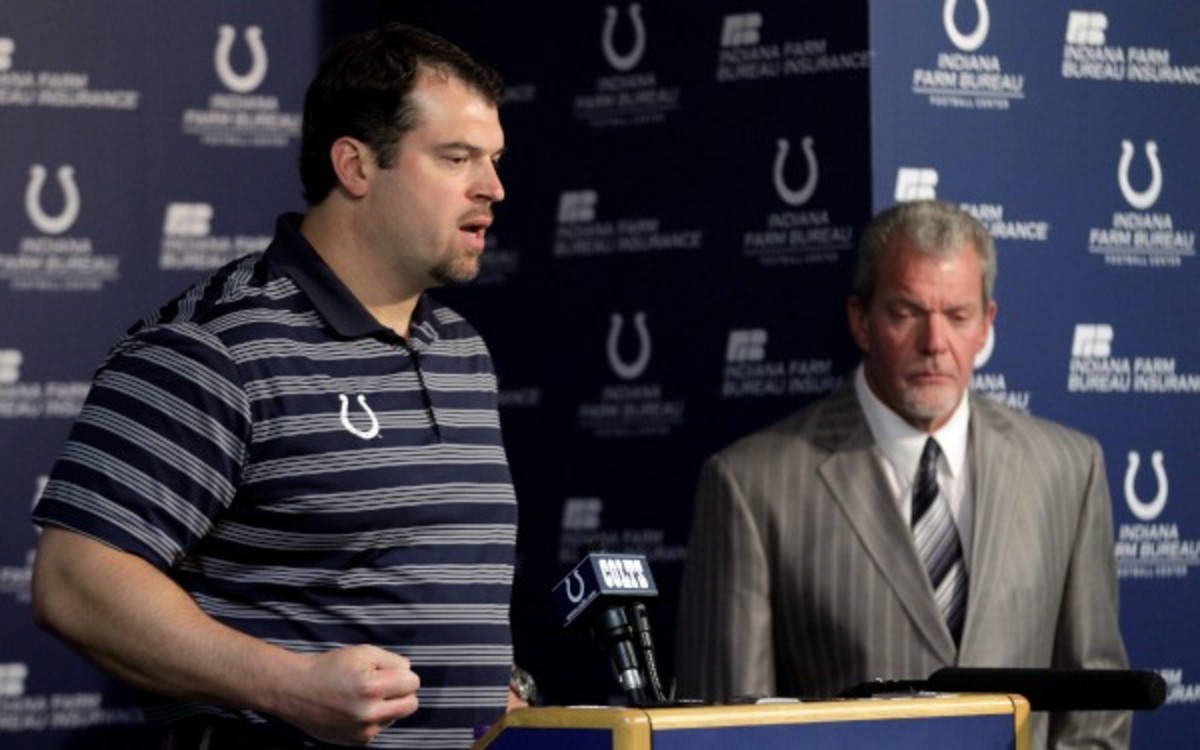 Colts owner Jim Irsay (right) is currently in a health-care faciltiy after a drunk driving arrest. (AP Photo/Michael Conroy)