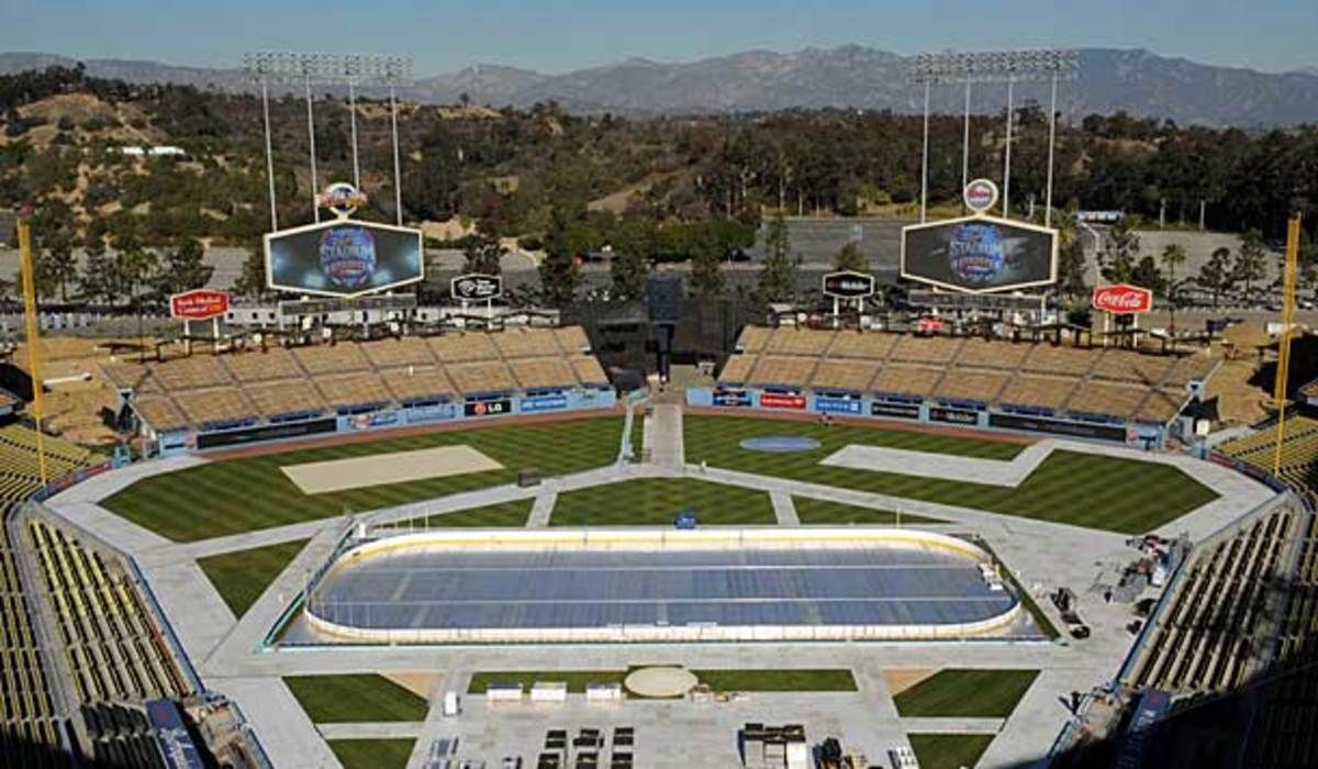 The NHL outdoor game rink at Dodger Stadium in Los Angeles